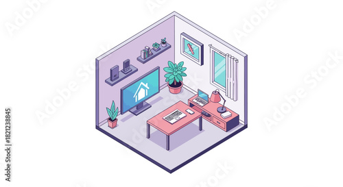 Isometric view of a modern home office with furniture and decor