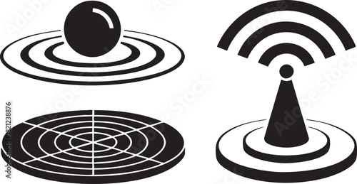 Wireless Communication and Sensor Icon Set Vector illustration of wifi signal radar grid antenna transmitter and gravity sphere symbols in black silhouette style