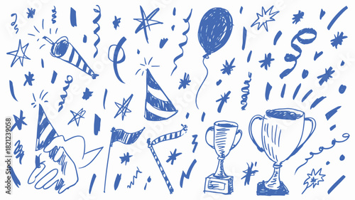 A vibrant and celebratory cluster of hand drawn doodles in various shades of blue perfect for festive designs