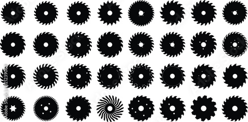 Industrial Circular Saw Blades Silhouette Collection, Construction Tool Icons, Different Teeth Shapes, Woodworking Equipment, Metal Cutting Discs, Workshop Repair Accessories Isolated Set.