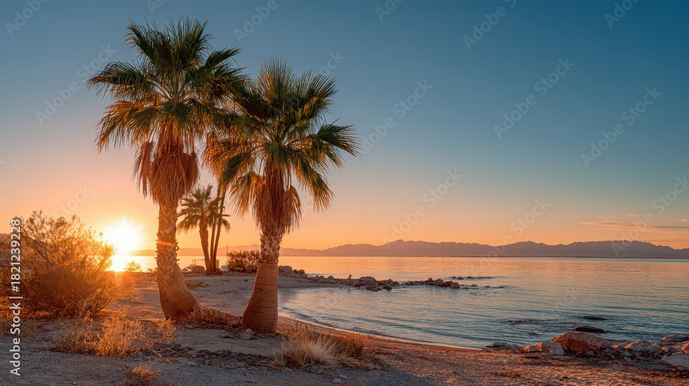 Fototapeta premium Serene Sunrise Over Tropical Beach in Henderson NV with Palm Trees and Vibrant Sky