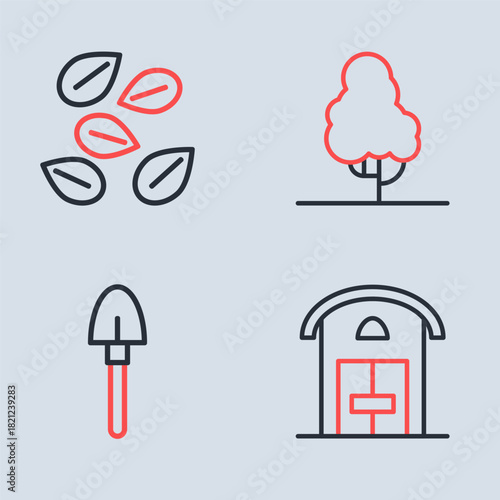 Set line Fruit tree, Shovel, Farm house and Seeds of specific plant icon. Vector