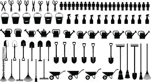 Large Collection of Black Gardening Tools and Worker Silhouettes Vector Icons, Including Shovels, Rakes, Watering Cans, and Wheelbarrows, Essential Elements for Landscape 