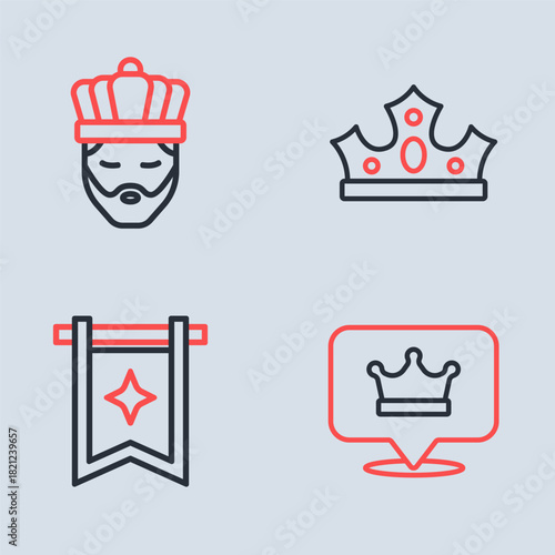Set line King crown, Medieval flag, and with icon. Vector