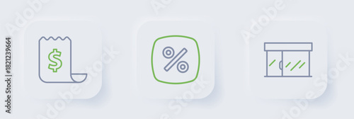 Set line Market store, Discount percent tag and Paper check and financial check icon. Vector