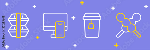 Set line Meatballs on wooden stick, Cup of tea, Online ordering food and Lunch box icon. Vector