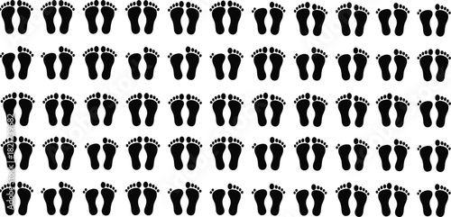 Large Collection of Human Footprints Silhouette Icons, Various Barefoot Steps, Foot Sole Shapes, Black Track Imprints, Anatomy, Medical and Podiatry Vector Symbols Isolated Set.
