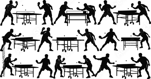 Large Collection of Table Tennis Player Silhouettes Vector Icons, Dynamic Ping Pong Action and Game Table Shapes Set, Representing Competition, Sport, and Athletic Movement 