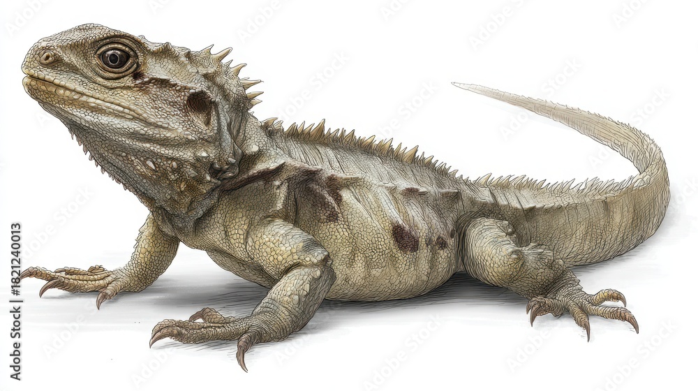 Obraz premium Realistic Artwork of Tuatara: Exotic Cold-Blooded Creature Showcasing Detailed Skin and Tail in Side Profile