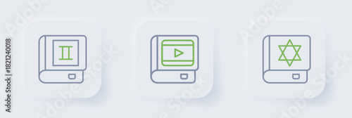 Set line Jewish torah book, Book about cinema and icon. Vector