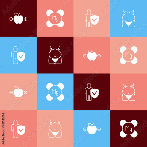 Set pop art Calorie calculator, Magnesium, Healthy lifestyle and Obesity icon. Vector