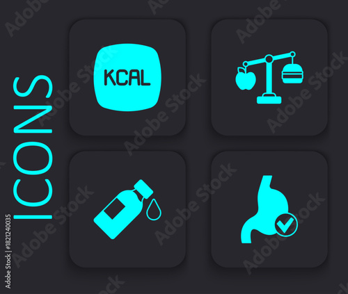Set Human stomach health, Kcal, Calorie calculator and Bottle of water icon. Black square button. Vector