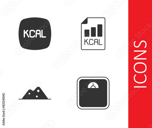 Set Bathroom scales, Kcal, Salt and Diet plan icon. Vector