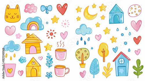 Hand drawn crayon pencil stroke doodle cats, dogs, houses, plants, coffee cups, books, and hearts. Vector illustration