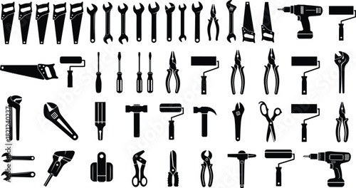 Massive Construction and DIY Tools Silhouette Collection, Various Wrenches, Saws, Pliers, Screwdrivers, Hammers, Drills, and Paint Rollers, Repair Equipment Vector Icons Isolated Set.