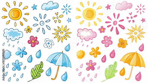 Hand drawn crayon pencil stroke doodle suns, snowflakes, raindrops, flowers, leaves, umbrellas, and clouds. Vector illustration