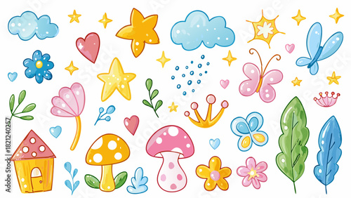 Hand drawn crayon pencil stroke doodle soccer fairies, wands, mushrooms, stars, tiny houses, butterflies,. Vector illustration