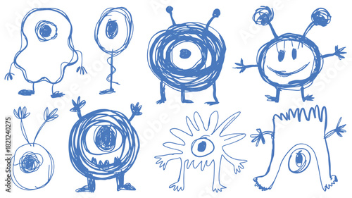 Charming collection of whimsical hand drawn playful monsters with vibrant colors and simple shapes
