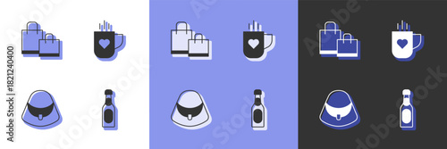 Set Champagne bottle, Paper shopping bag, Handbag and Coffee cup heart icon. Vector