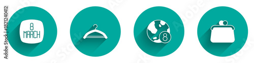 Set 8 March, Hanger wardrobe, International Women Day and Handbag icon with long shadow. Vector