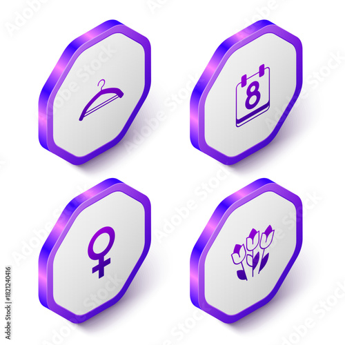 Set Isometric Hanger wardrobe, Calendar with 8 March, Female gender symbol and Flower tulip icon. Purple hexagon button. Vector
