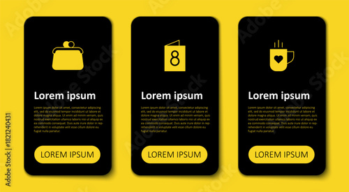 Set Coffee cup and heart, Greeting card with 8 March and Handbag. Business infographic template. Vector