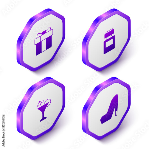 Set Isometric Gift box and heart, Perfume, Martini glass and Woman shoe icon. Purple hexagon button. Vector
