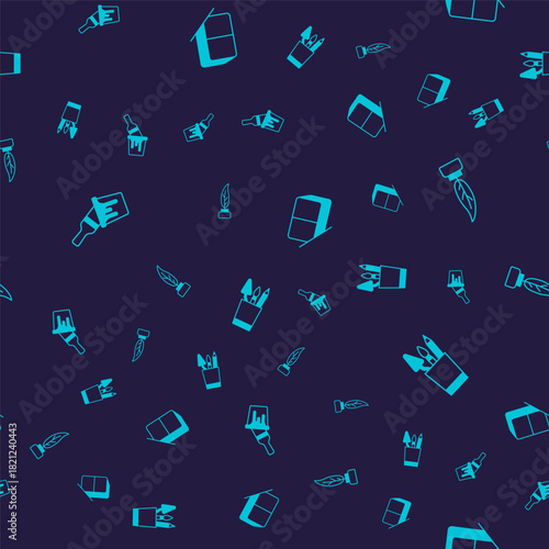 Set Paint bucket with brush, Feather and inkwell, Eraser or rubber and Pencil case stationery on seamless pattern. Vector