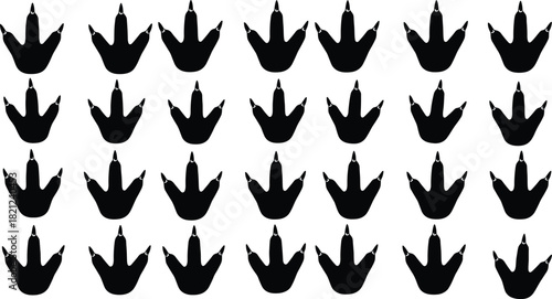 Seamless pattern of repeating black dinosaur footprints or paw prints, symbolizing prehistoric history and wildlife, perfect for paleontology, educational materials, and adventure-themed 