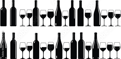 Repeating Pattern of Black Wine Bottles and Full Glasses Silhouette Icons, Vector Set Representing Bar, Restaurant, and Fine Dining Elements, Perfect for Menu Design, Invitations, 
