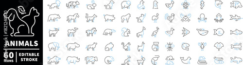 Animal icons set. editable line icons, outline, wildlife and fauna symbols