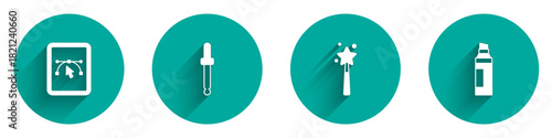 Set Computer with design program, Eyedropper color picker palette, Magic wand and Marker pen icon with long shadow. Vector