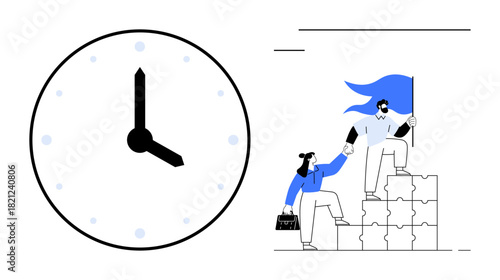 Large clock represents time management, while two individuals climb puzzle-piece stairs symbolizing teamwork, leadership, collaboration, success, productivity, and strategic planning. Ideal