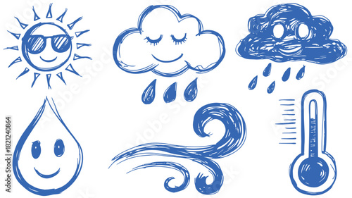 Playful collection of weather and mood icons with diverse color palettes and clear typography for creative projects