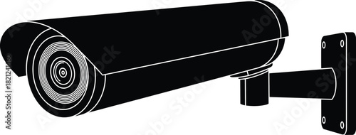 Black Silhouette Vector Illustration of Wall Mounted Bullet Style CCTV Security Camera System for Surveillance, Protection, and Monitoring, Isolated on White