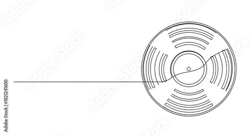 Minimalist single line drawing of a reel to reel tape recorder tape spool with unwinding tape extending to the left