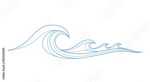 Stylized blue line art depicting flowing ocean waves in a gentle cresting motion