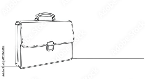 Minimalist single line art drawing of a classic leather briefcase with a handle and buckle on a white background