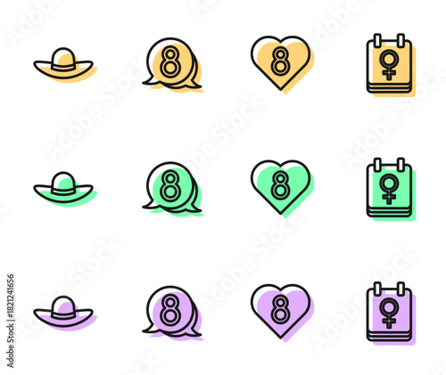 Set line Heart with 8 March, Elegant women hat, in speech bubble and Calendar icon. Vector