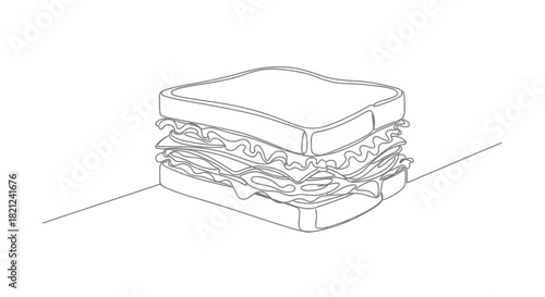 A deliciously stacked sandwich illustrated with a minimalist single line drawing style