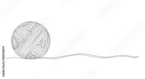 Minimalist single line drawing of a ball of yarn unraveling into a wavy thread on a white background