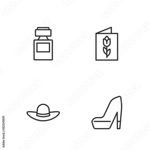 Set line Woman shoe, Elegant women hat, Perfume and Greeting card with 8 March icon. Vector