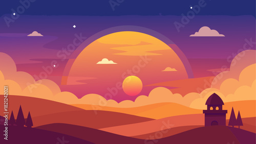 Landscape view of sunset with building and trees