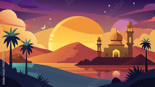 Illustration of a mosque at sunset with palms