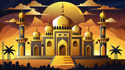 Golden mosque and towers against a sunset scene