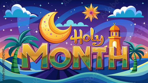 Holy month illustration with moon and mosque tower