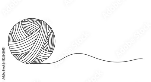 A minimalist line art illustration of a ball of yarn with a single strand unspooling across a white background