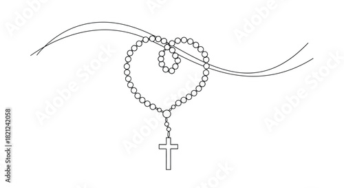 A heart shaped rosary with a cross pendant and flowing lines symbolizing faith and devotion