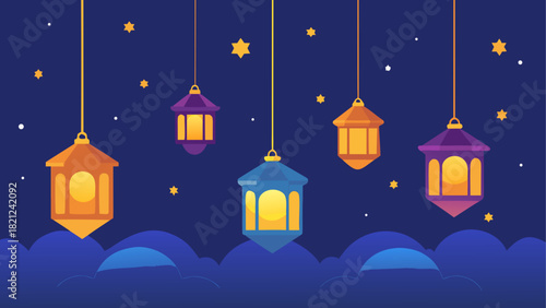 Illustration of hanging lanterns in the night sky