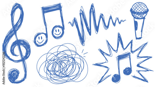 Collection of dynamic and energetic sketchy musical doodle elements with vibrant color accents